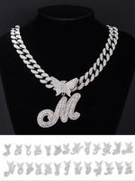 Rhinestone Butterfly & Letter Charm Pendant Necklace, Fall Punk Cuban Chunky Chain Necklace for Women Men, Streetwear Matchin...