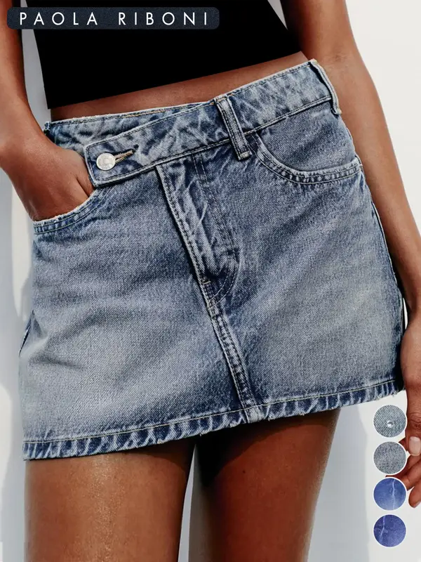 Women's Plain Overlap Waist Zipper Fly Denim Skirt, Casual Button Pocket Mini Skirt for Daily Wear, Ladies Bottoms for All Se...