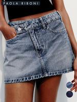 Women's Plain Overlap Waist Zipper Fly Denim Skirt, Casual Button Pocket Mini Skirt for Daily Wear, Ladies Bottoms for All Se...