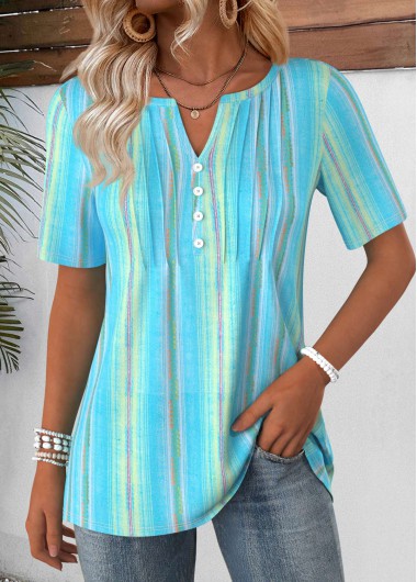 Modlily Blue Geometric Print Short Sleeve Split Neck T Shirt - L