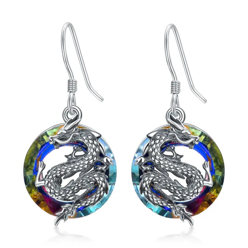 Sterling Silver Circular Shaped Crystal Dragon Drop Earrings