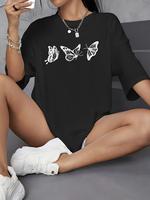 Women's Butterfly Graphic Print Round Neck Tee, Summer Clothes Women, Casual Fashion Drop Shoulder Half Sleeve T-shirt for S...