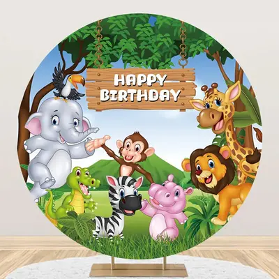 Round Safari Forest Cartoon Animal Birthday Backdrop - Aperturee