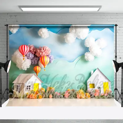 Paper House Hot Air Balloon Flower Birthday Backdrop - Aperturee