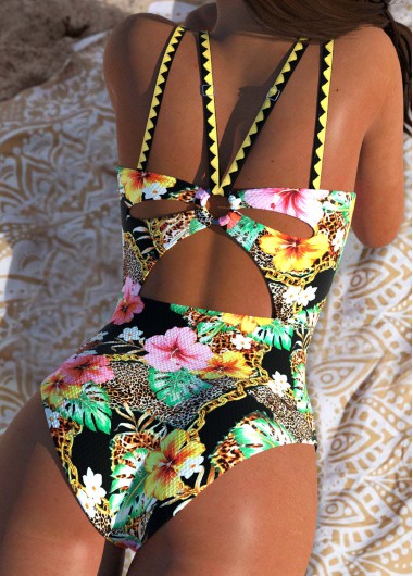 Modlily Tummy Control Floral Print Black One Piece Swimwear - M