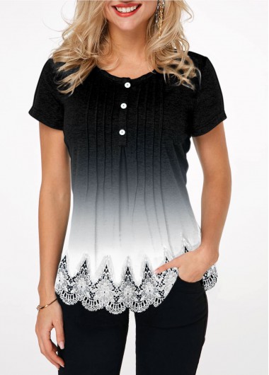 Modlily Black&White Gradient Lace Hem Button Detail T Shirt - XL