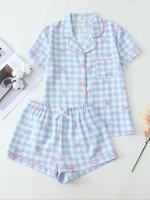 Women's Plaid & Bow Print Pyjama, Casual Comfy Short Sleeve Lapel Neck Pajama Top & Shorts PJ Set, Ladies Sleepwear for Sprin...