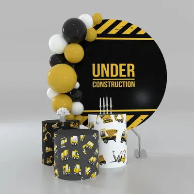 Aperturee Under Construction Yellow Stripes Round Backdrop Kit | Round Backdrop Cover Diy | Round Party Backdrop | Custom Cir...