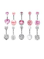 10pcs/set Elegant Rhinestone Heart Decor Belly Button Ring, Trendy Women Belly Piercing Body Jewelry, Classic Fashion Accesso...