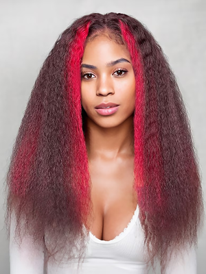 [US Only] 20 Inch 13x4 Lace Front Wig Burgundy Highlight 4C Kinky Straight Lace Front Wig