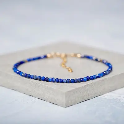 Natural Lapis Lazuli Stone 3mm Tiny Beads Crystal Healing Charka Crystal Dainty Gold-Plated Chain Minimalist Bracelet Gift fo...