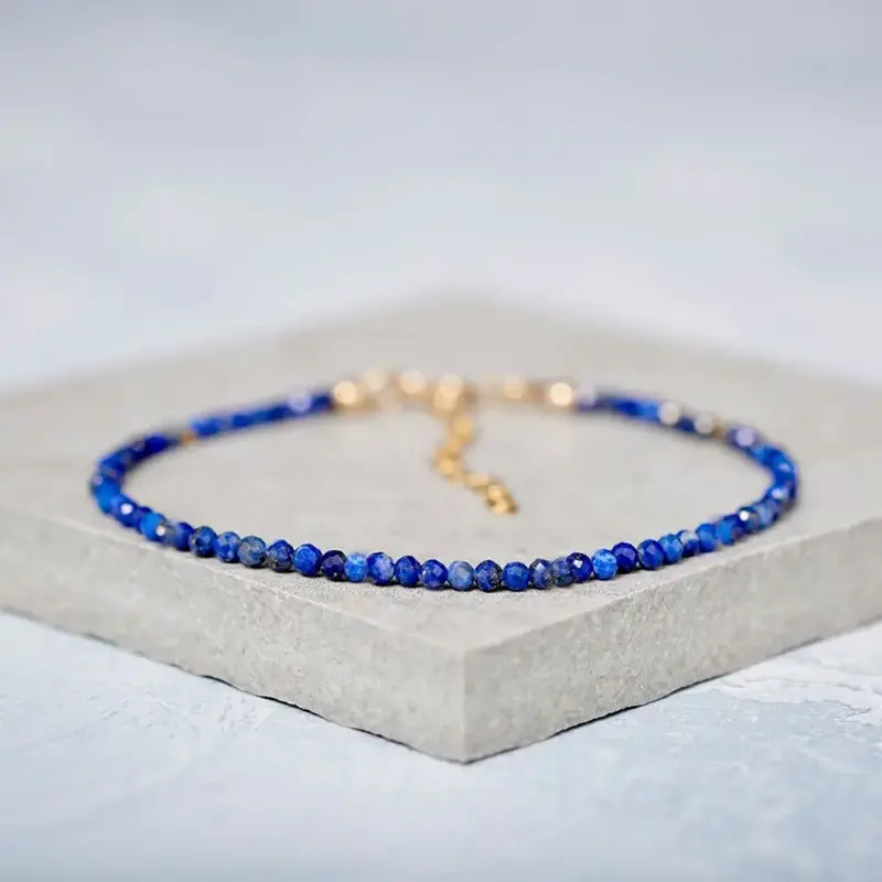 Natural Lapis Lazuli Stone 3mm Tiny Beads Crystal Healing Charka Crystal Dainty Gold-Plated Chain Minimalist Bracelet Gift fo...