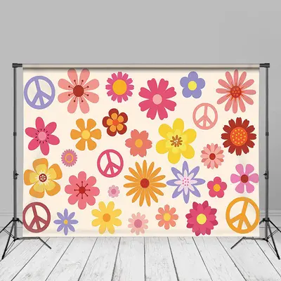 Colorful Flower Hippie Peace Symble Birthday Backdrop - Aperturee