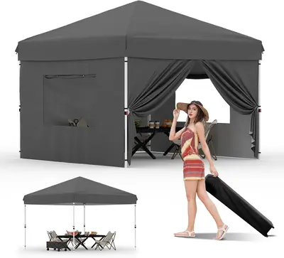 Garvee 10'x10' Pop-Up Canopy Tent with 4 Sidewalls - Portable Instant Commercial Canopy with Stakes, Ropes & Sandbags for Mar...