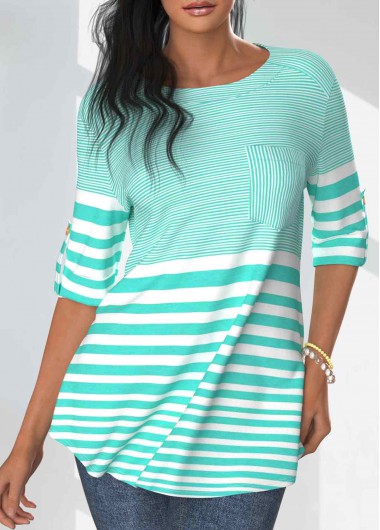 Modlily Mint Green Pocket Striped Half Sleeve T Shirt - XL