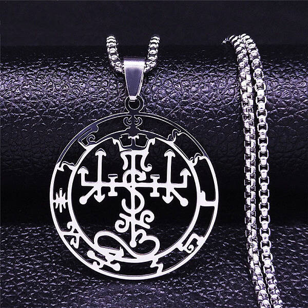 304 Stainless Steel Flat Round Sigil Pendant Necklaces