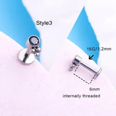 Black CZ Titanium Internally Threaded Cartilage Stud - Style3