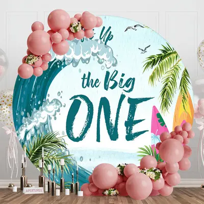 Aperturee Surfs Up The Big One Summer Round Birthday Backdrop, Diameter 5Ft/1.5M, 49 USD, round birthday backdrops, RAH0G274-...
