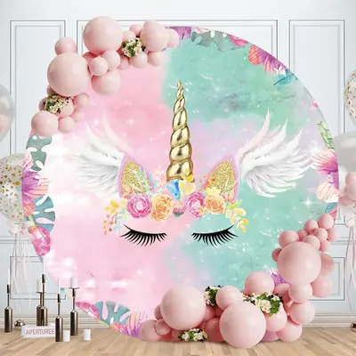 Aperturee Pink Floral And Unicorn Round Birthday Party Backdrop