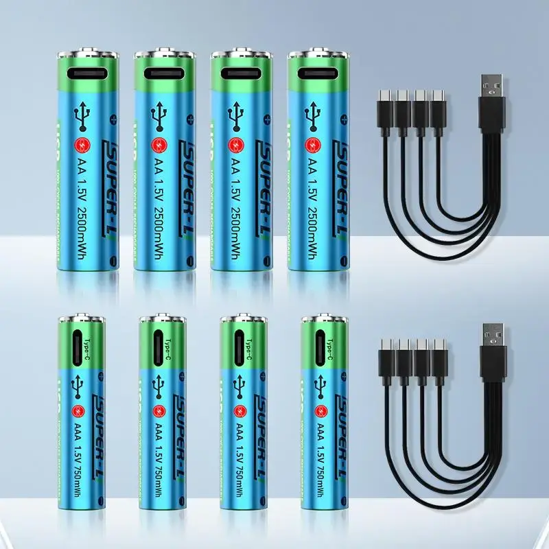 Type-C Rechargeable Battery, 4 Counts 1.5V 2500mWh AA Battery & 1 Count 1.5V 750mWh AAA Battery with 4-in-1 Type-C Charging C...
