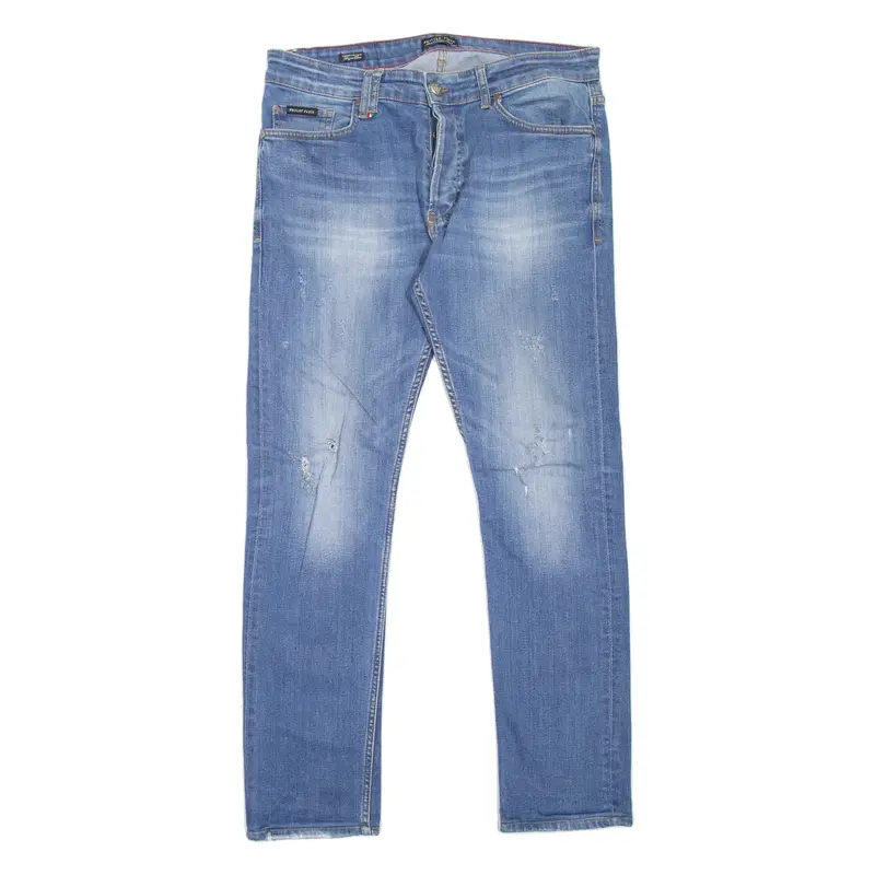 PHILIPP PLEIN Distressed Mens Jeans Blue Slim Straight Stone Wash W36 L30