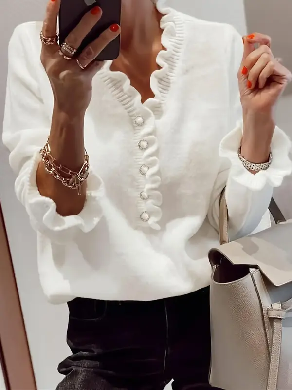 Women's Plain Frill Trim Ruffle Trim Button Front Sweater, Elegant Long Sleeve V Neck Jumper for Fall & Winter, Fashion Women...
