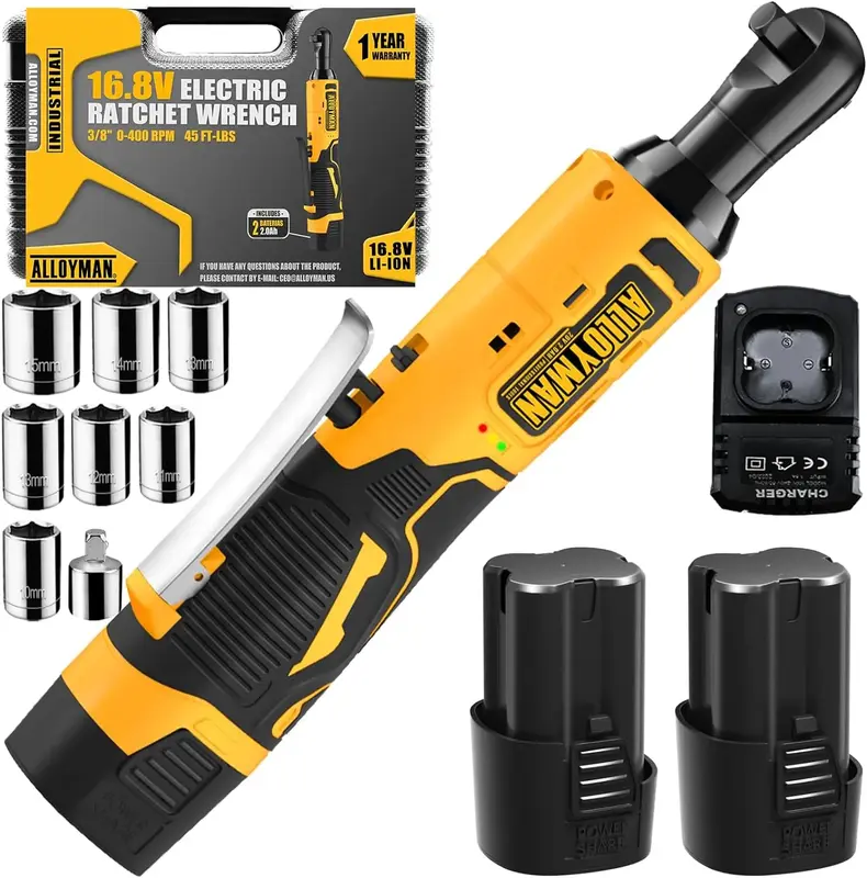 Alloyman 16.8V Cordless Electric Wrench Kit, 400 RPM 3/8 Inch Power Ratchet Wrench with Variable Speed Trigger 2-Pack 2.0Ah L...