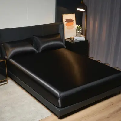 Summer Room Solid Color Satin Fitted Sheet without Filler & Pillowcase, Soft Comfortable Fitted Sheet for Home Hotel Dorm, Be...