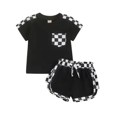 Infant Baby Boy Girl Clothes Spring Summer Outfits Checkerboard Pocket T-shirt Jogger Elastic Waist Shorts Set