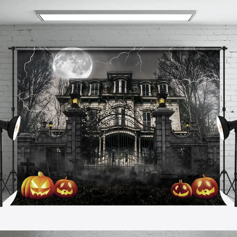 Aperturee Desolate Manor Night Lightning Halloween Backdrop - Aperturee
