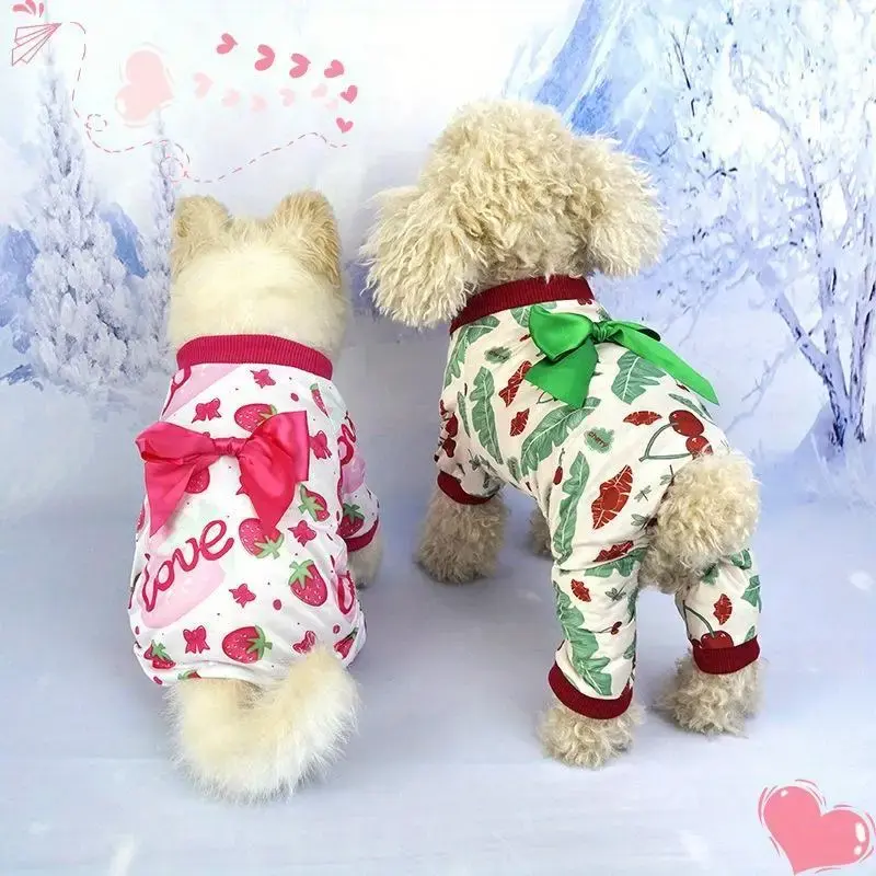 Cartoon Print Bow Decor Pet Onesie, 4-leg Breathable Comfortable Pet Clothes for Small Medium Dogs, Cute Pet Clothes for Spri...