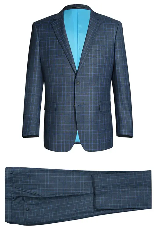 Blue Windowpane Plaid Check Men's Two-Button Classic Fit Suit