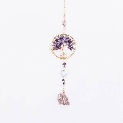 Natural Amethyst Flat Round with Tree of Life Pendant Decorations