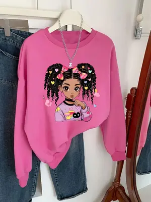 Girl's Cartoon Figure Print Drop Shoulder Sweatshirt, Fashion Casual Long Sleeve Round Neck Pullover for Daily Outdoor Wear, ...