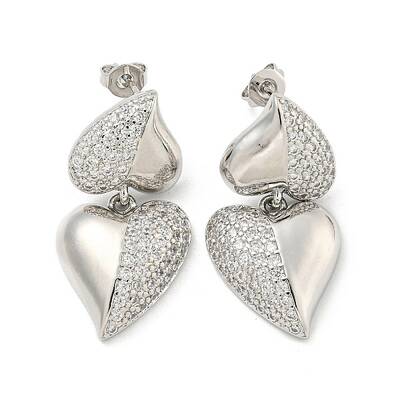Heart Brass Pave Clear Cubic Zirconia Stud Earrings