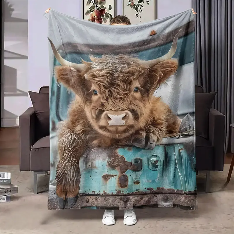 Highland Cow Pattern Blanket, Soft Throw Blanket, Air-conditioned Room Blanket, Warm Nap Blanket for Home Office Travel Campi...