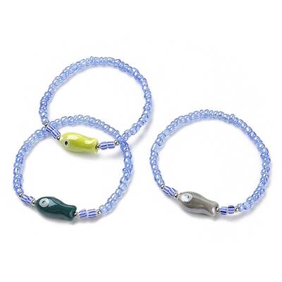 Porcelain Fish & Seed Beaded Stretch Bracelet