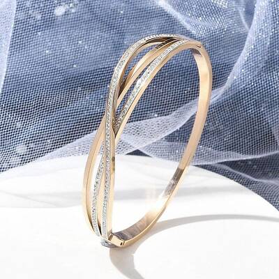 Ion Plating(IP) 304 Stainless Steel Polymer Clay Rhinestone Hinged Bangles for Women