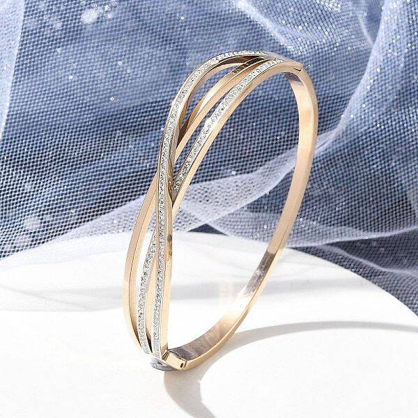 Ion Plating(IP) 304 Stainless Steel Polymer Clay Rhinestone Hinged Bangles for Women