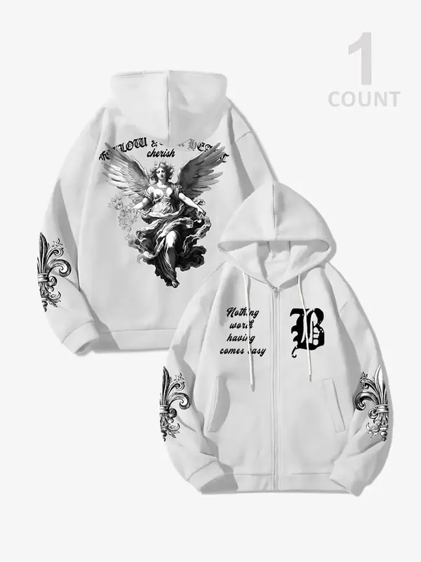 Men's Letter & Graphic Print Drawstring Zip Up Hoodie, Casual Loose Long Sleeve Pocket Hooded Sweatshirt for Fall & Winter, M...