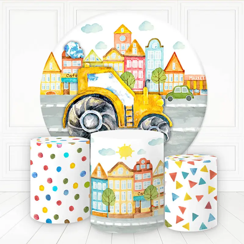 Aperturee Cartoon Truch On The Road Birthday Round Backdrop Kit | Circle Background For Party | Custom Round Backdrop | Birth...
