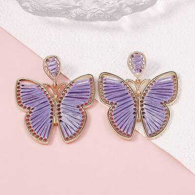 Bohemian Ethnic Style Alloy Frame Cotton Thread Woven Butterfly Stud Dangle Earrings for Women