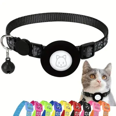 Adjustable Pet Collar with Bell, 1 Count Reflective Cat Collar with Buckle & Air Tag Holder & Bell, Pet Collar for Small Medi...