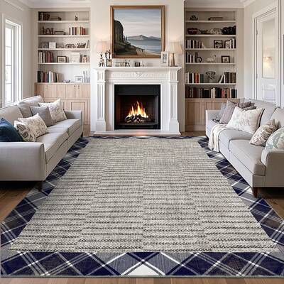Garvee Checkered Bordered Rug 10x13 Washable Stain Resistant Low Pile Non-Slip Foldable Indoor Apartment Nursery