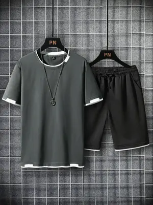 Two-Piece SetĀ Men's Contrast Binding Letter Patched Shorts Set, Casual Streetwear Short Sleeve Round Neck Tee & Drawstring P...