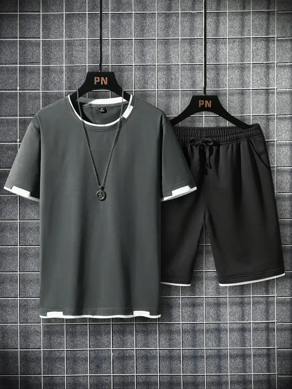 Two-Piece Set Men's Contrast Binding Letter Patched Shorts Set, Casual Streetwear Short Sleeve Round Neck Tee & Drawstring P...