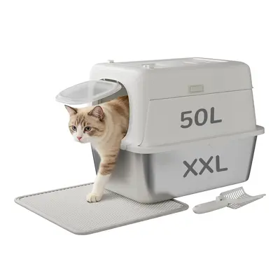 Garvee Stainless Steel Litter Box with Lid Large Enclosed Cat Litter Box for Big Cats Metal Cat Box with High Sided Enclosure...