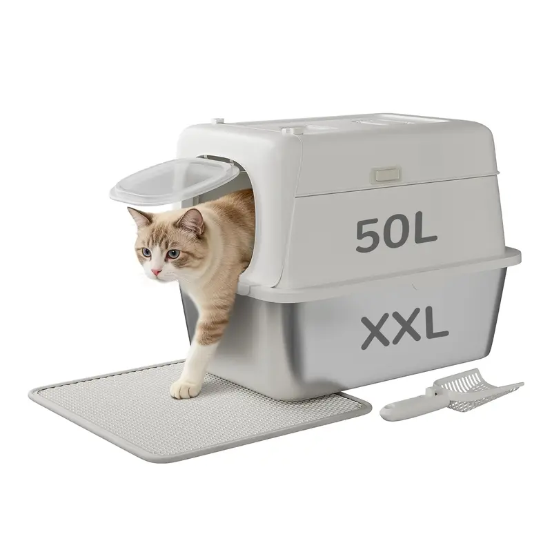 Garvee Stainless Steel Litter Box with Lid Large Enclosed Cat Litter Box for Big Cats Metal Cat Box with High Sided Enclosure...