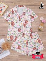 【Plus Size】Women's Floral Pattern Short Sleeve Pajama Two-piece Set, Elegant Casual Comfy Pj Set, Women's Sleepwear for A...