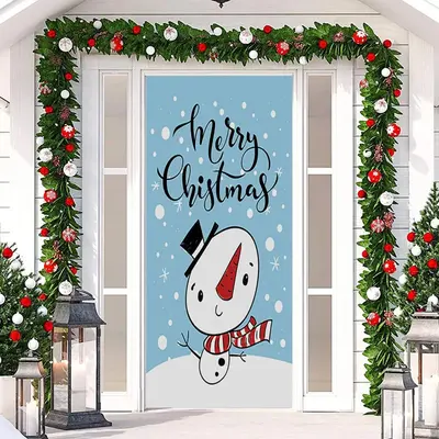 Blue Cute Snowman Snowy Merry Christmas Door Cover - Aperturee
